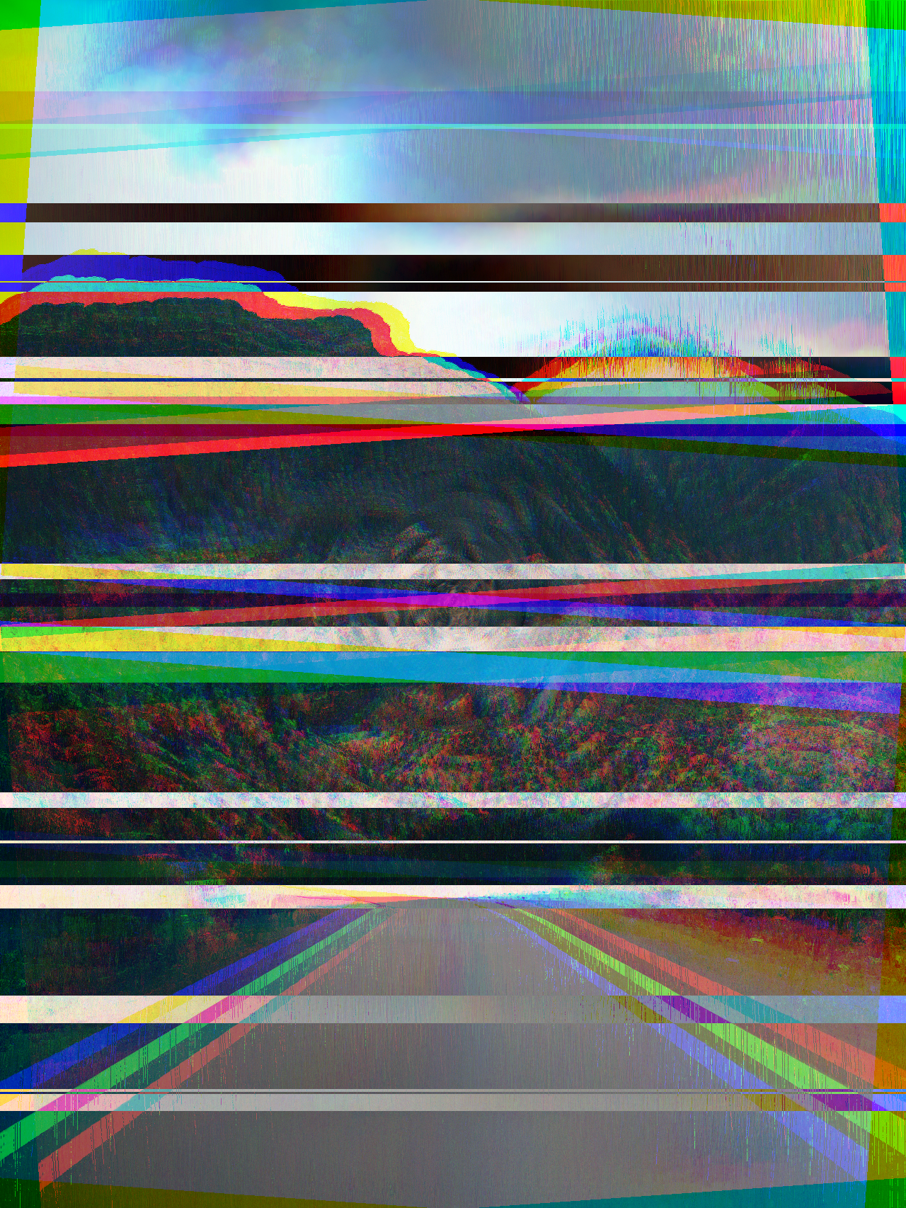 A glitched photo of a mountainside road, heavily corrupted with RGB lines.