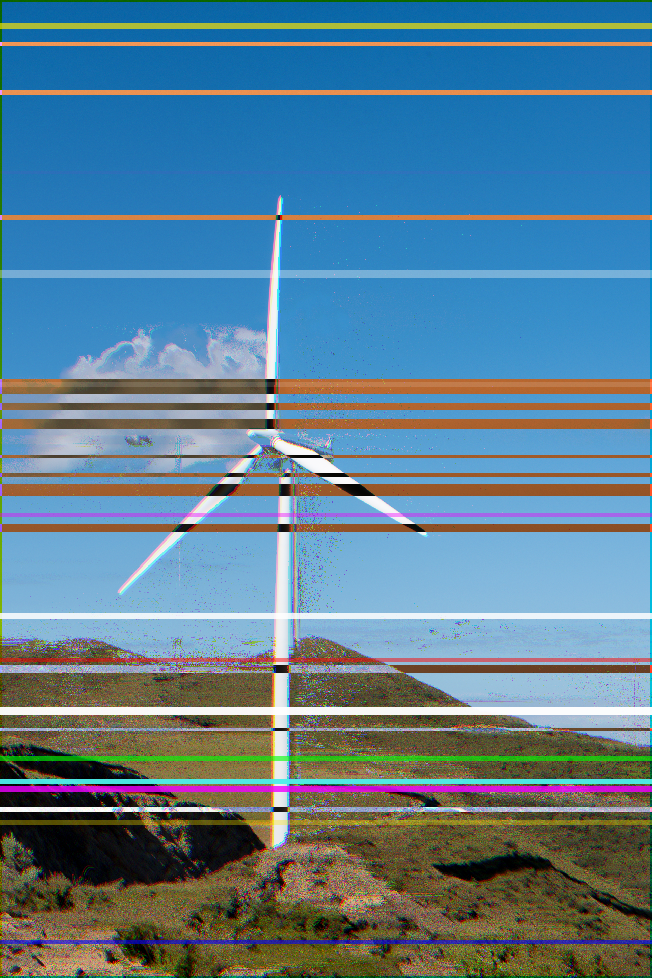A glitched photo of a wind turbine.