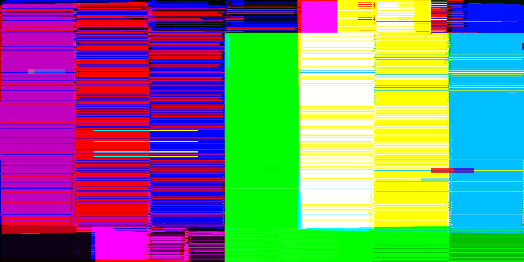 A glitched image of a color calibration screen, with lots of red, blue, and green with jagged pixel-thin lines.